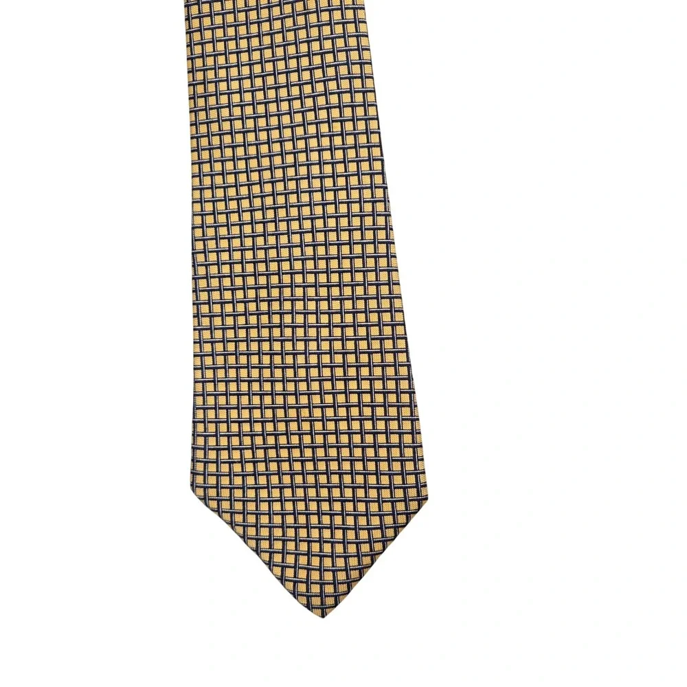 Lauren Ralph Lauren Mens Silk Tie Yellow Navy Blue Geometric Grid Hand Finished